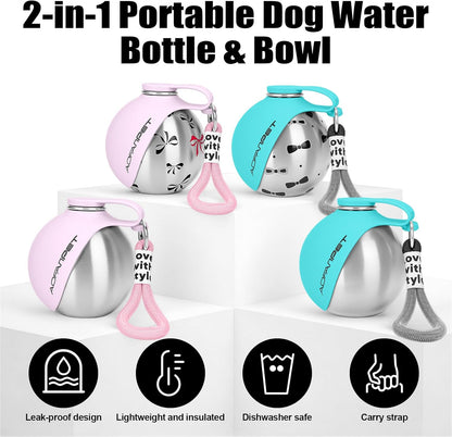 Travel-Friendly Stainless Steel Dog Water Bottle Bowl