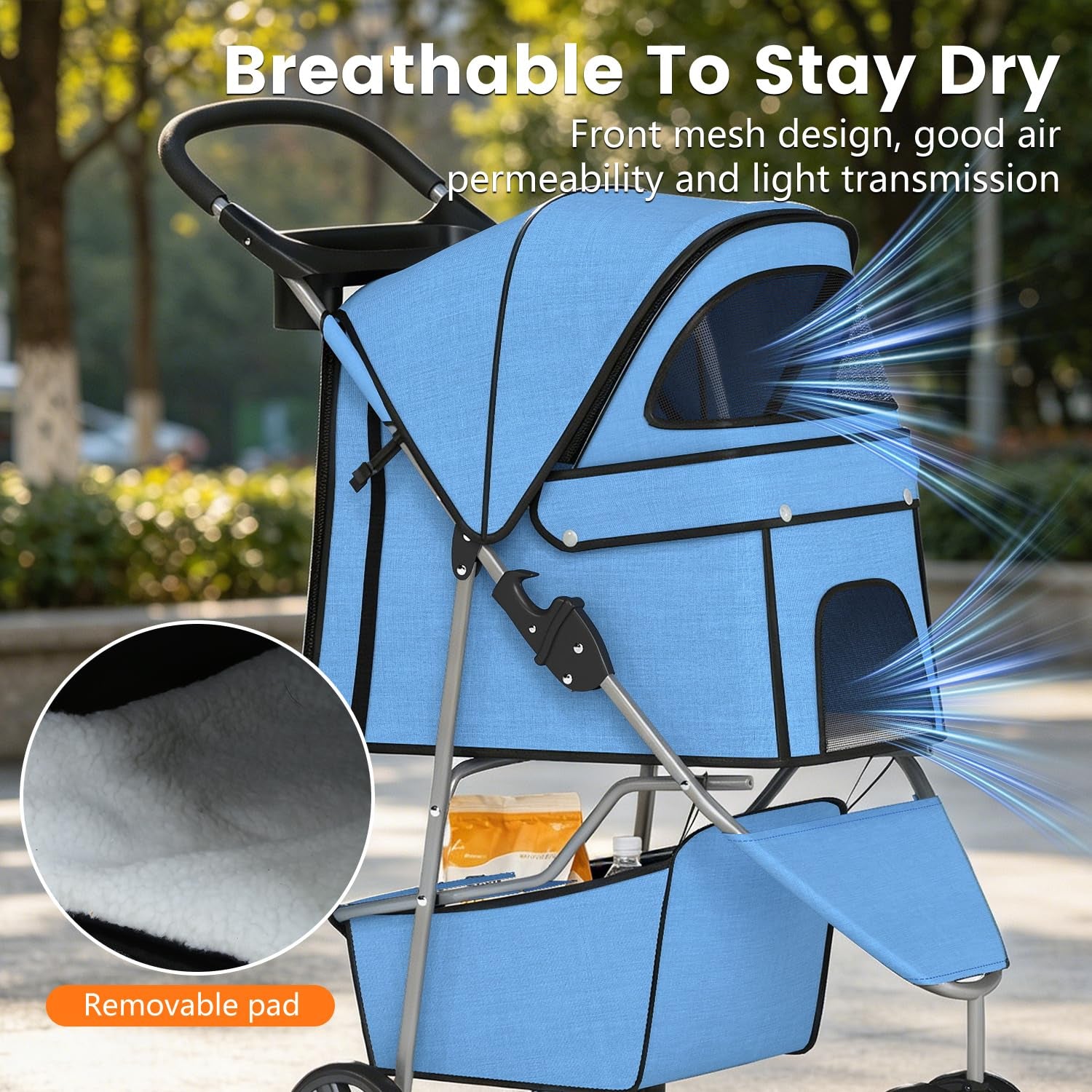 Ultimate 3-Wheel Pet Stroller for Dogs and Cats - Lightweight, Breathable Mesh, Waterproof & Foldable Design - Perfect for Daily Walks and Outdoor Adventures - Stylish Blue with Convenient Storage Basket