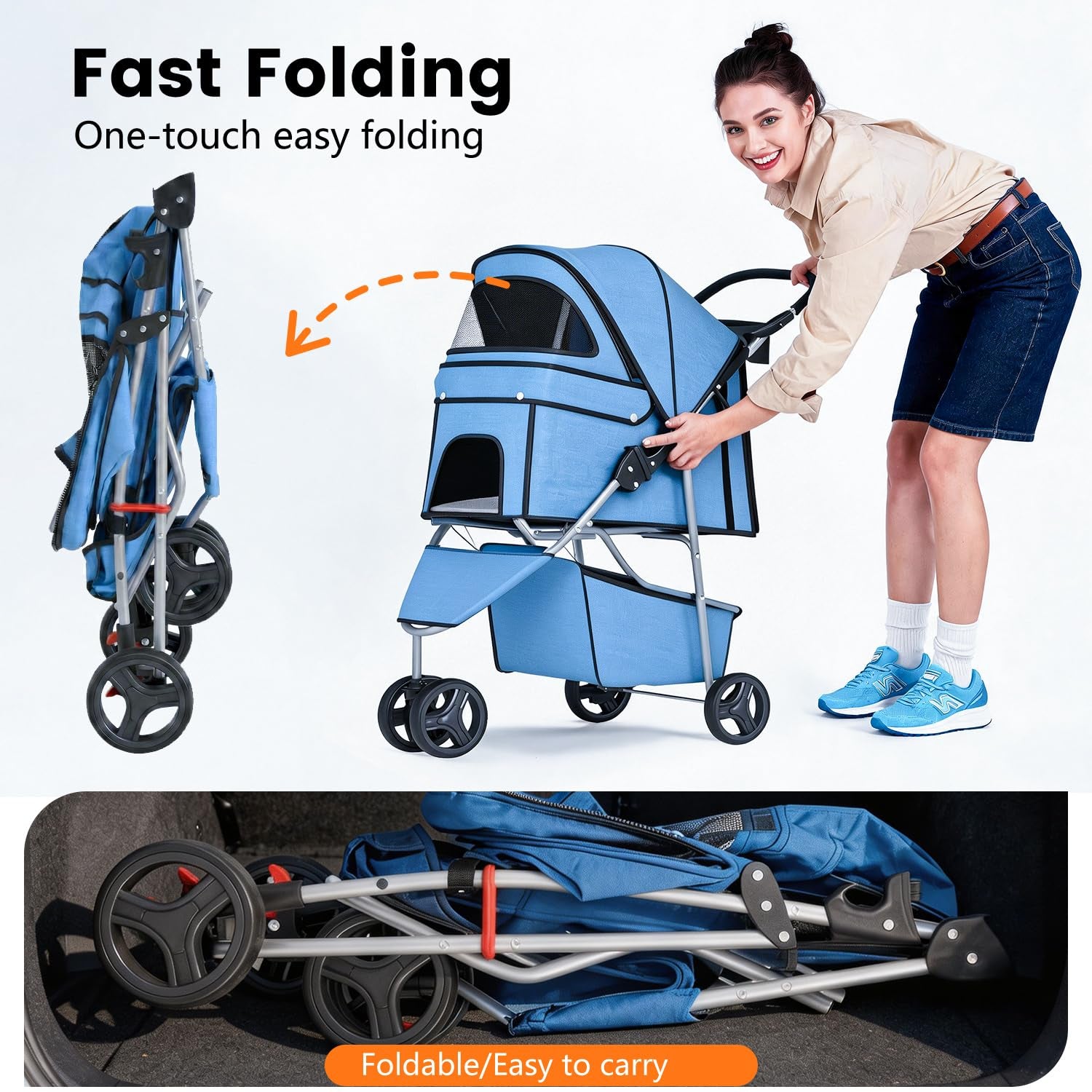 Ultimate 3-Wheel Pet Stroller for Dogs and Cats - Lightweight, Breathable Mesh, Waterproof & Foldable Design - Perfect for Daily Walks and Outdoor Adventures - Stylish Blue with Convenient Storage Basket