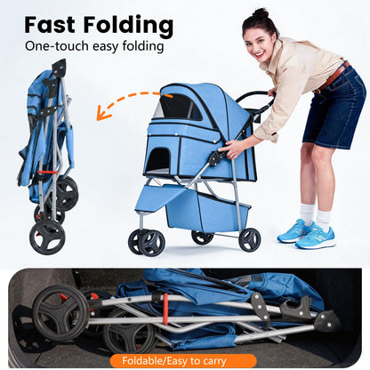Ultimate 3-Wheel Pet Stroller for Dogs and Cats - Lightweight, Breathable Mesh, Waterproof & Foldable Design - Perfect for Daily Walks and Outdoor Adventures - Stylish Blue with Convenient Storage Basket
