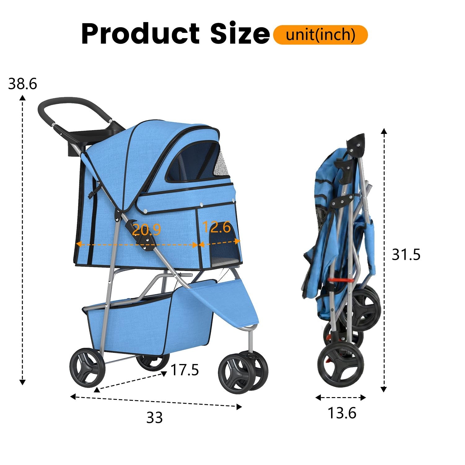 Ultimate 3-Wheel Pet Stroller for Dogs and Cats - Lightweight, Breathable Mesh, Waterproof & Foldable Design - Perfect for Daily Walks and Outdoor Adventures - Stylish Blue with Convenient Storage Basket